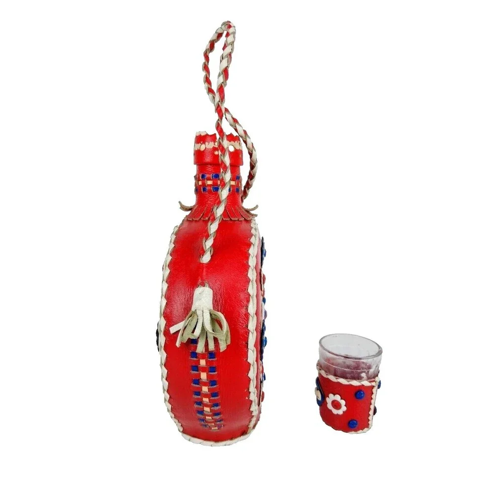 Vintage 70s Folk Art Bohemian Floral Leather Wrapped Glass Canteen & Shot Glass